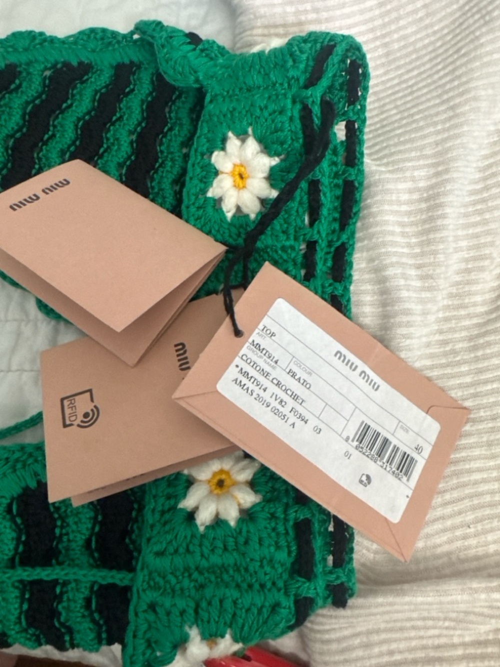 Miu Miu Green Crochet Daisy top with Black Trim - Picture 2 of 6